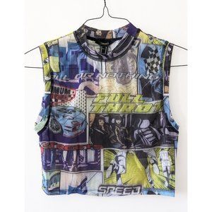 Comic Graphic Print Mesh Crop Top Shirt woman's XL workout exercise gym yoga art